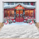 Lofaris Christmas Candy Shop Combo Set Backdrop Holiday Storefront with Snow Floor Winter Wonderland Photo Booth